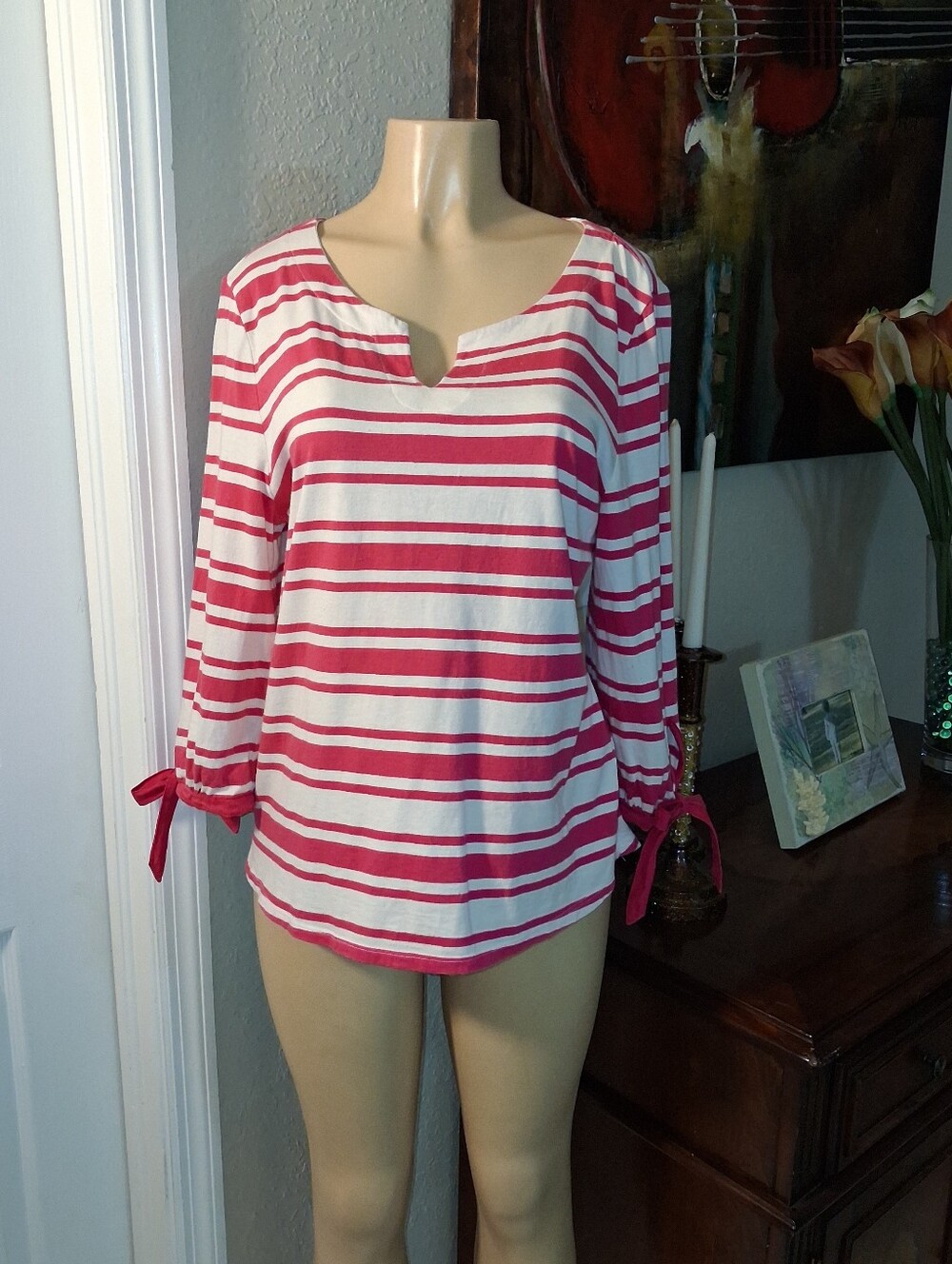 TALBOTS CUTE WHITE & PINK STRIPED TOP W/ OPEN TIES AT CUFF SZ XLP